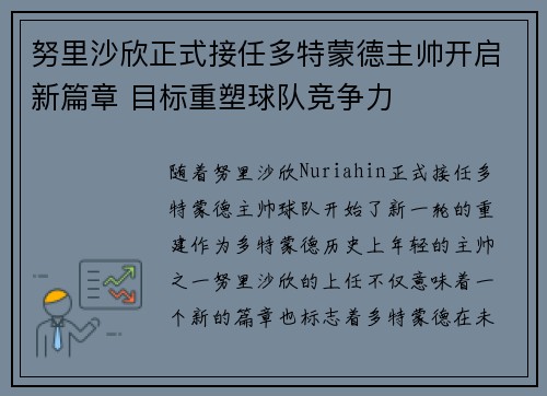 努里沙欣正式接任多特蒙德主帅开启新篇章 目标重塑球队竞争力