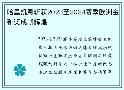 哈里凯恩斩获2023至2024赛季欧洲金靴奖成就辉煌 哈里凯恩斩获2023至2024赛季欧洲金靴奖成就辉煌